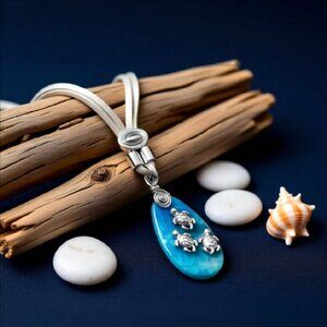 Sexy Beach Sea Turtle Agate + Faux Leather Necklace - 24" ~ Beachy Ocean Boho